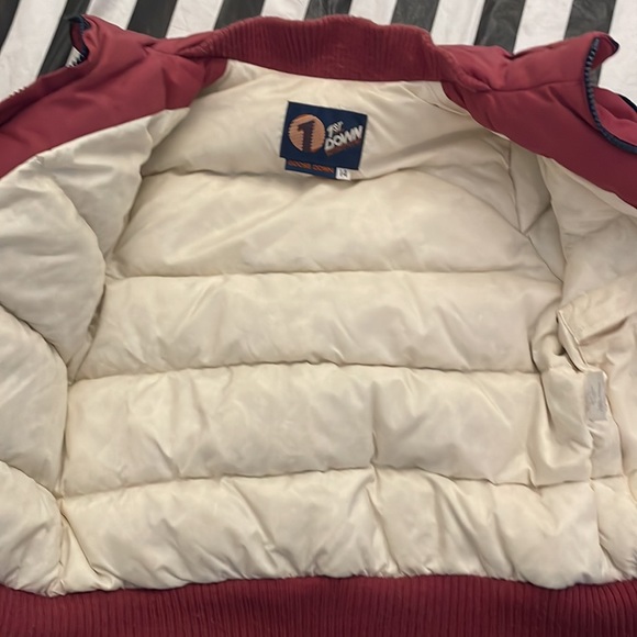 Vintage 80s 1st Down Sz 14 Burgundy & Navy Puff Sleeve 100% Goose Down Ski Coat - Picture 7 of 13